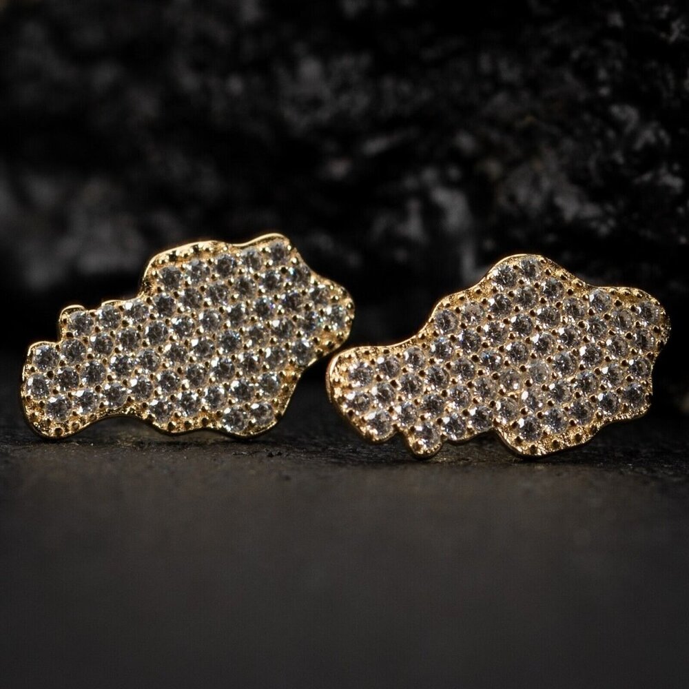 Men's Yellow Gold 925 Sterling Silver Honey Comb Set Cz Nugget Stud Earrings
